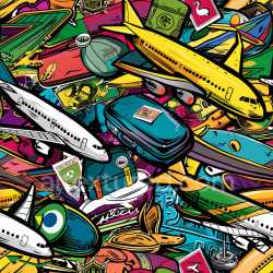 seamless Seamless 3D PBR texture of colorful graffiti with airplanes and luggage illustrations texture 8k free download PBR