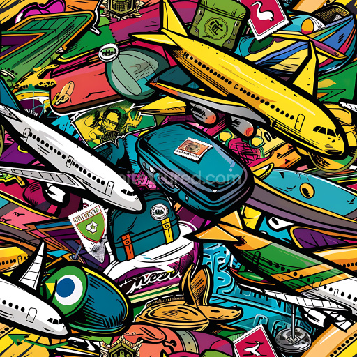 Seamless 3D PBR texture of colorful graffiti with airplanes and luggage illustrations