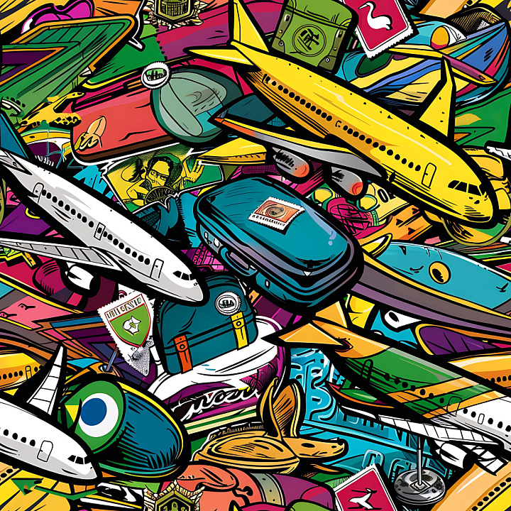 Of Colorful Graffiti With Airplanes And Luggage Illustrations seamless PBR texture preview