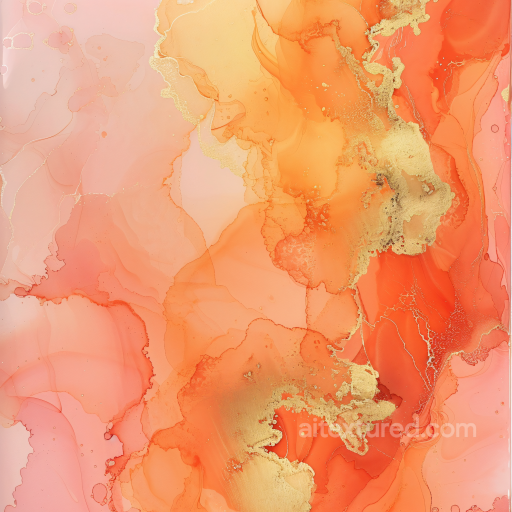 Alcohol Ink PBR Texture with Vibrant Orange Coral and Gold Veins seamless Alcohol ink PBR texture