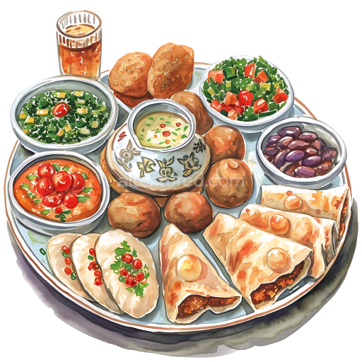 Illustrated Lebanese Breakfast Platter Featuring Flatbreads, Salads & Dips
