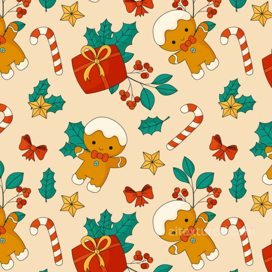 Christmas Digital Paper Texture with Gingerbread, Candy Canes, and Holly All Christmas Digital paper texture preview