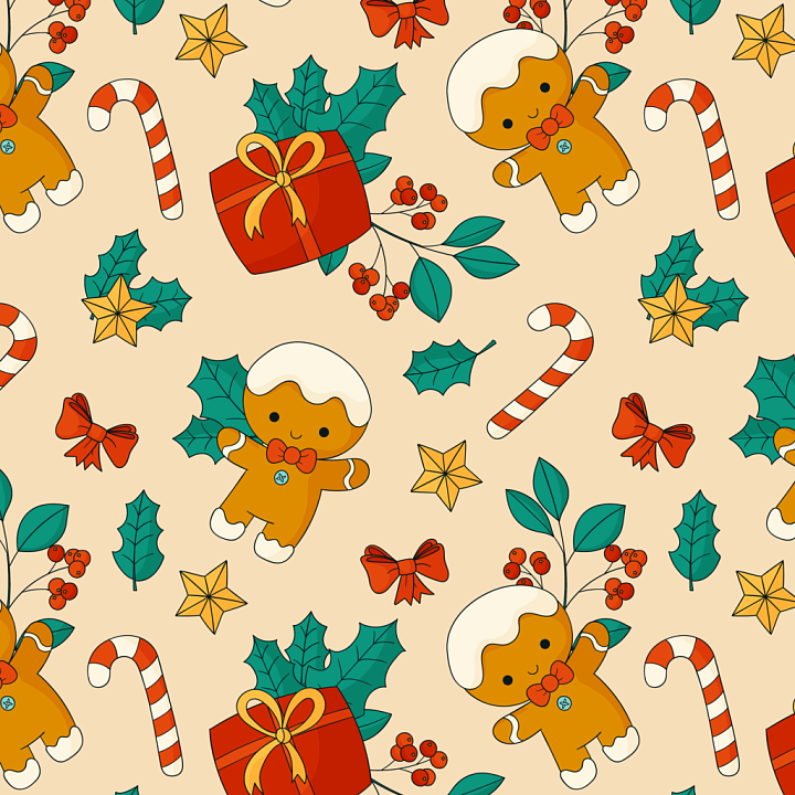 Christmas Digital Paper with Gingerbread, Candy Canes, and Holly seamless PBR texture preview