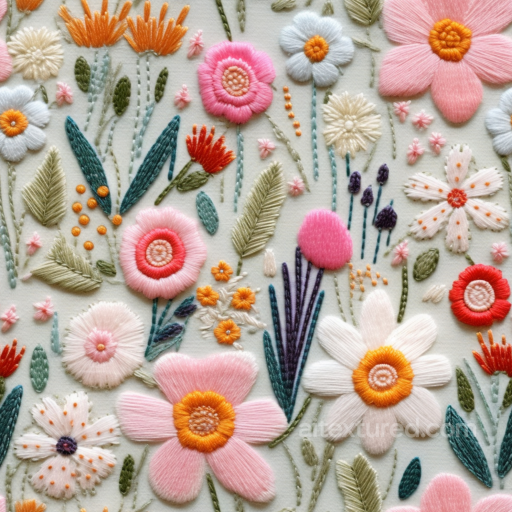 Colorful Embroidered Floral Fabric Seamless Texture with Detailed Stitches seamless Embroidered floral PBR texture