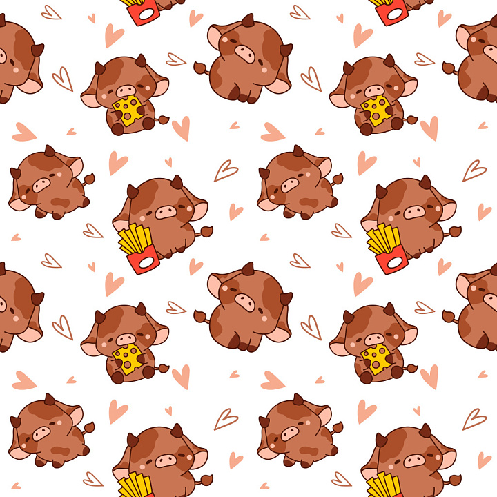 Pattern Featuring Cute Cartoon Cow Motifs with Playful Hearts and Food… seamless PBR texture preview