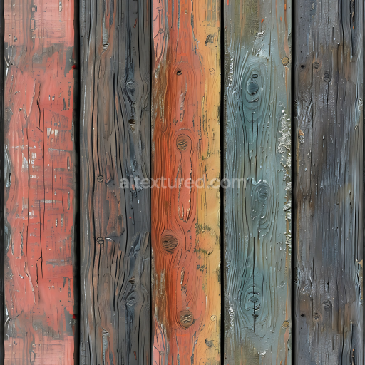 Seamless 3D Weathered Painted Wood Planks PBR Texture with Distressed Multicolor Finish