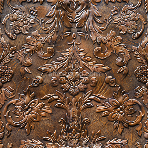 Seamless 3D embossed brown leather PBR texture with vintage floral patterns