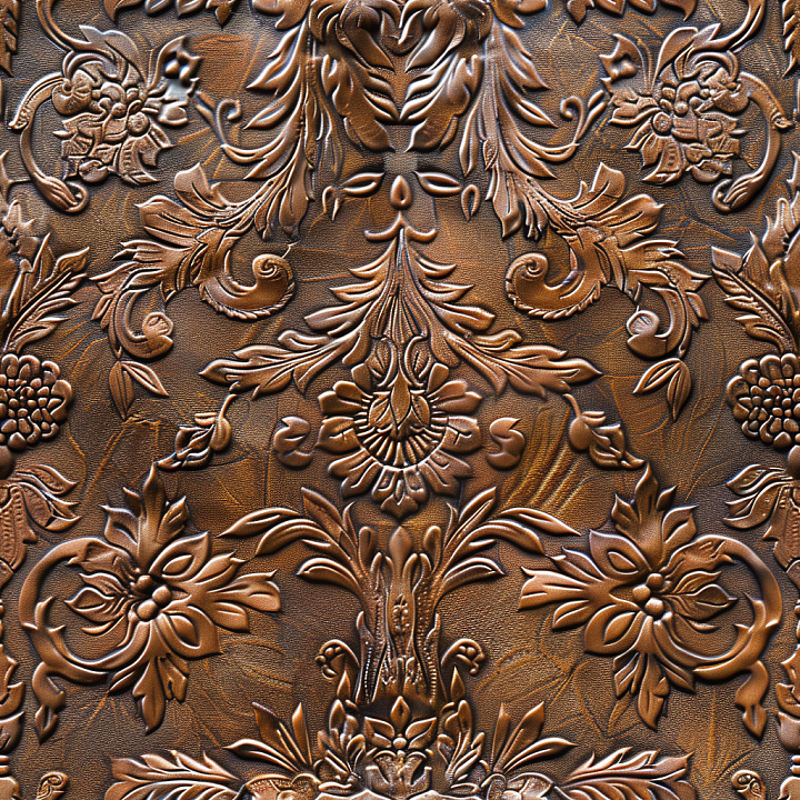 Embossed Brown Leather With Vintage Floral Patterns seamless PBR texture preview
