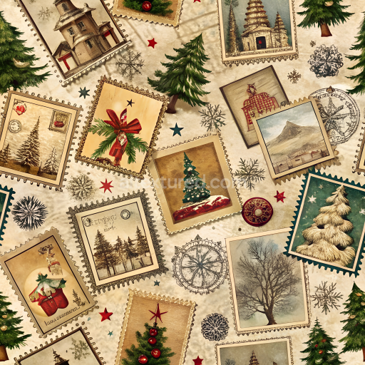 Seamless 3D PBR Texture Featuring Vintage Christmas Postage Stamp Collage
