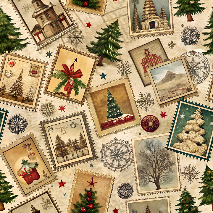 Featuring Vintage Christmas Postage Stamp Collage seamless PBR texture preview
