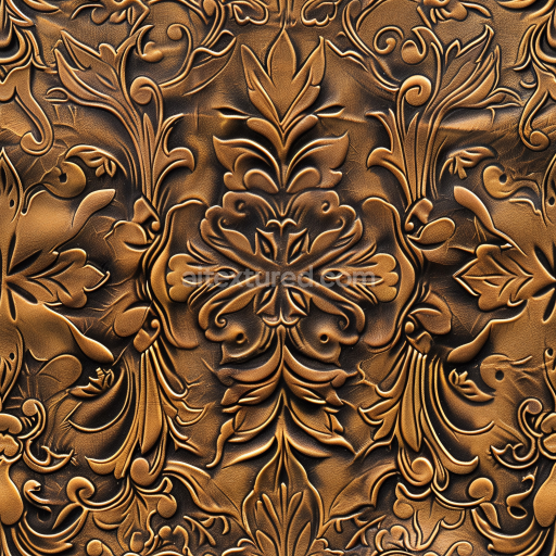 Seamless 3D PBR Leather Texture with Ornate Embossed Floral Pattern in Rich Brown