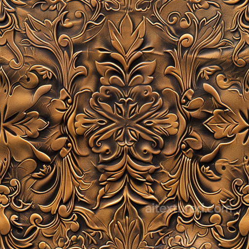 Leather Texture with Ornate Embossed Floral Pattern in Rich Brown seamless Leather PBR texture