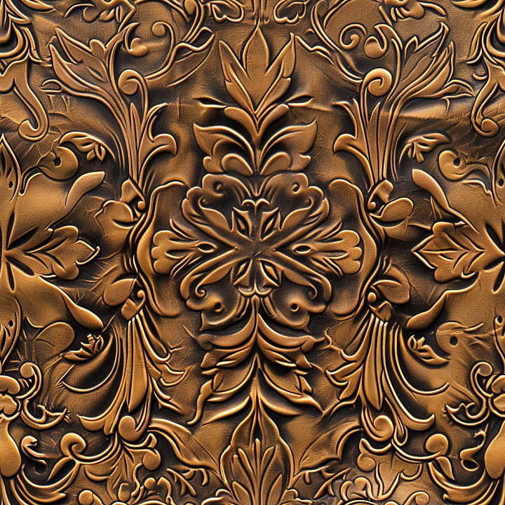 Leather with Ornate Embossed Floral Pattern in Rich Brown seamless PBR texture preview