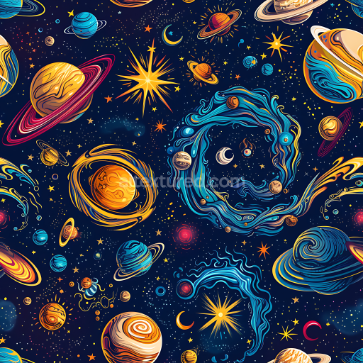 Seamless 3D PBR Texture of Stylized Cosmic Galaxy with Planets and Nebulae