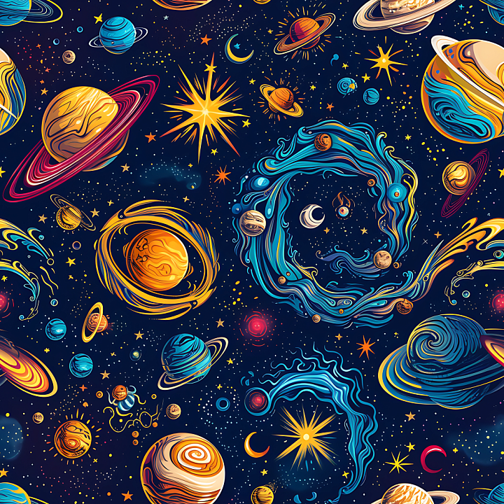 Star, Space, Planets of Stylized Cosmic Galaxy with Planets and Nebulae seamless PBR texture preview