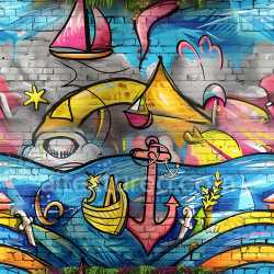 seamless Seamless 3D PBR Graffiti Texture Featuring Bright Nautical and Marine Motifs on Brick texture 8k free download PBR