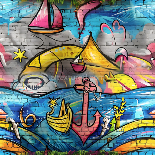 Seamless 3D PBR Graffiti Texture Featuring Bright Nautical and Marine Motifs on Brick