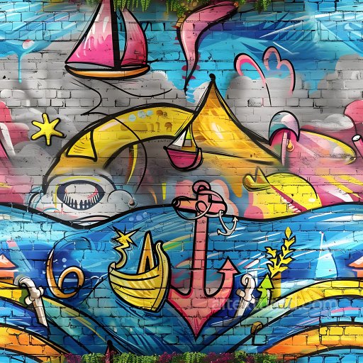 Seamless 3D PBR Graffiti Texture Featuring Bright Nautical and Marine Motifs on Brick texture preview