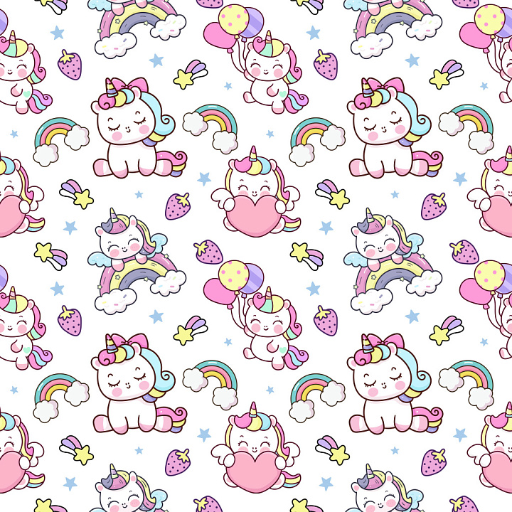 Pattern Featuring Cute Cartoon Unicorns and Rainbows in Pastel Colors seamless PBR texture preview