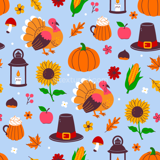 Seamless 3D PBR Thanksgiving-Themed Pattern Texture with Turkeys, Pumpkins, and Seasonal Elements
