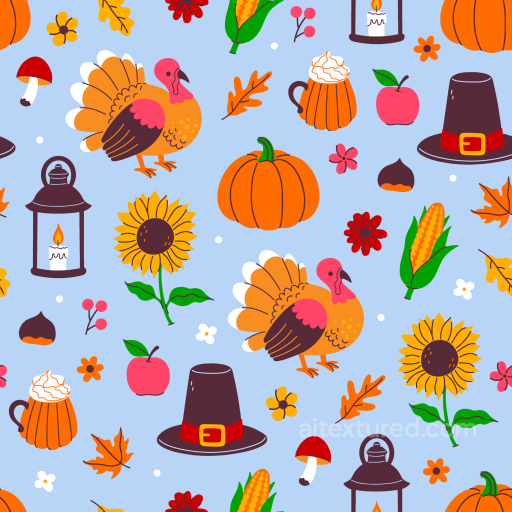 Thanksgiving-Themed Pattern Texture with Turkeys, Pumpkins, and Seasonal Elements seamless Thanksgiving PBR texture