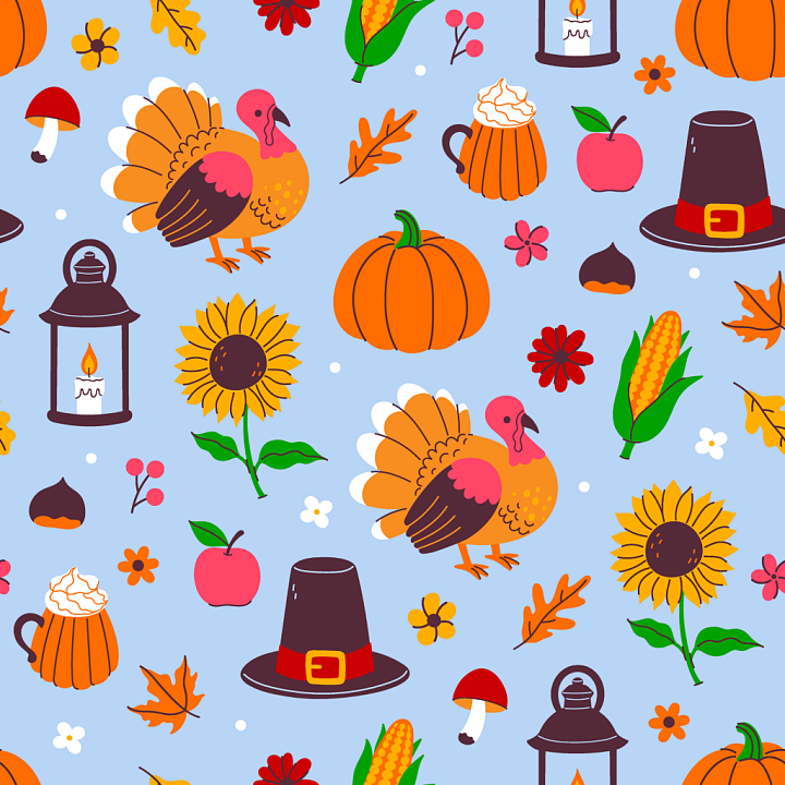 Thanksgiving-Themed Pattern with Turkeys, Pumpkins, and Seasonal Elemen… seamless PBR texture preview