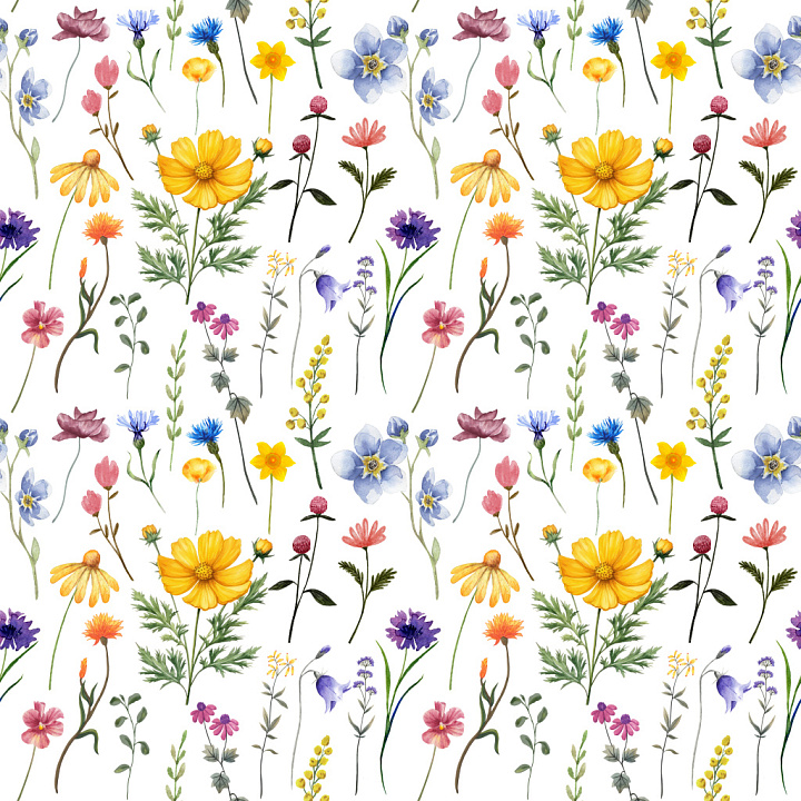Pattern with Delicate Wildflower Watercolor Motifs seamless PBR texture preview