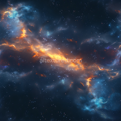 Seamless 3D Space PBR Texture Featuring Vibrant Nebula with Fiery Orange and Cool Blue Hues