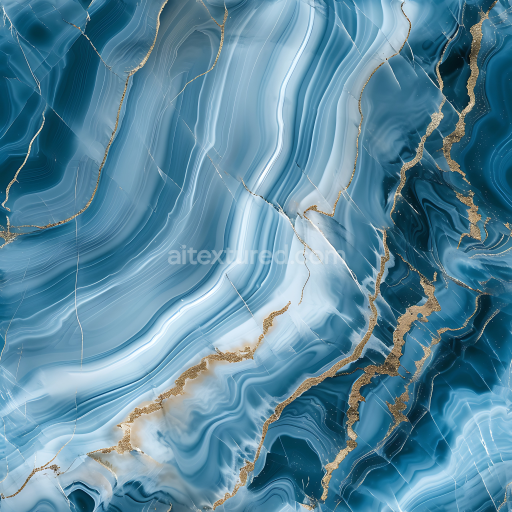 Seamless 3D Glossy Blue Marble PBR Texture with White and Gold Veined Swirling Patterns