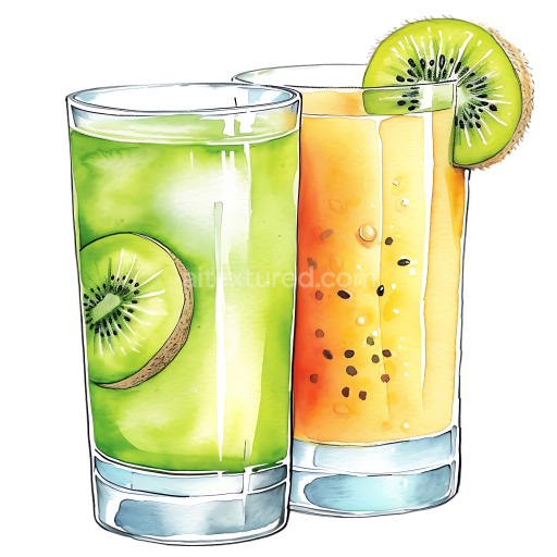 Watercolor Kiwi and Apple Juice Glasses Breakfast Illustration