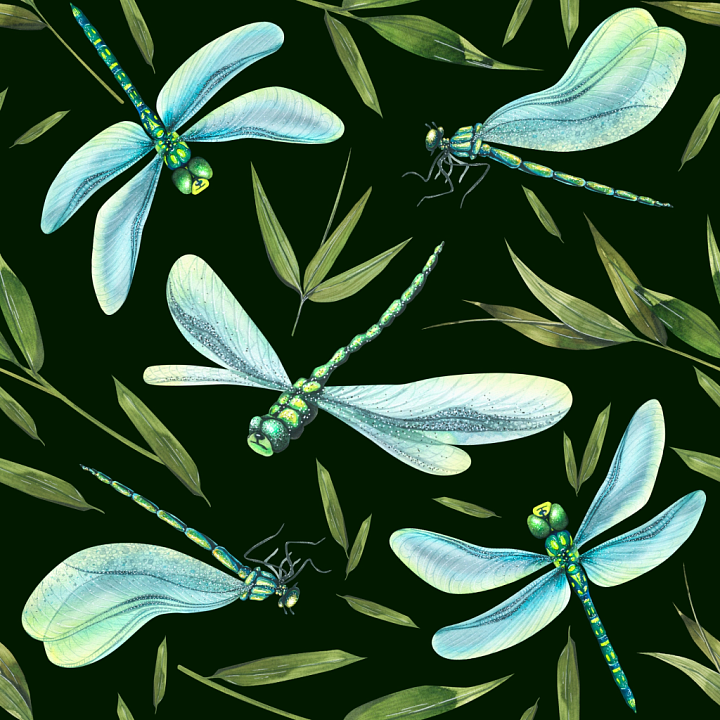 Featuring Stylized Dragonflies and Green Leaves seamless PBR texture preview