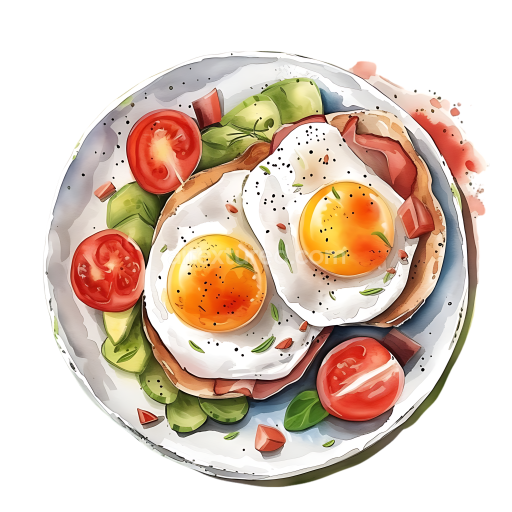 Preview — Huevos Divorciados Breakfast Plate Illustration with Sunny-Side Eggs and Fresh Vegetables