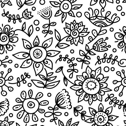 with Black Hand-Drawn Floral Line Art on White seamless White & Black PBR texture