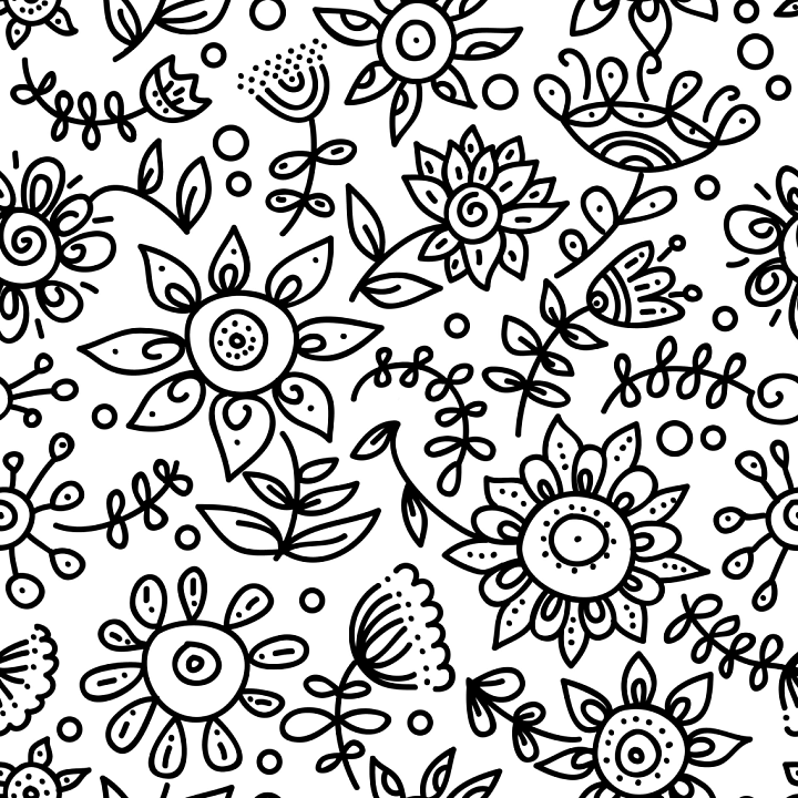 with Black Hand-Drawn Floral Line Art on White seamless PBR texture preview