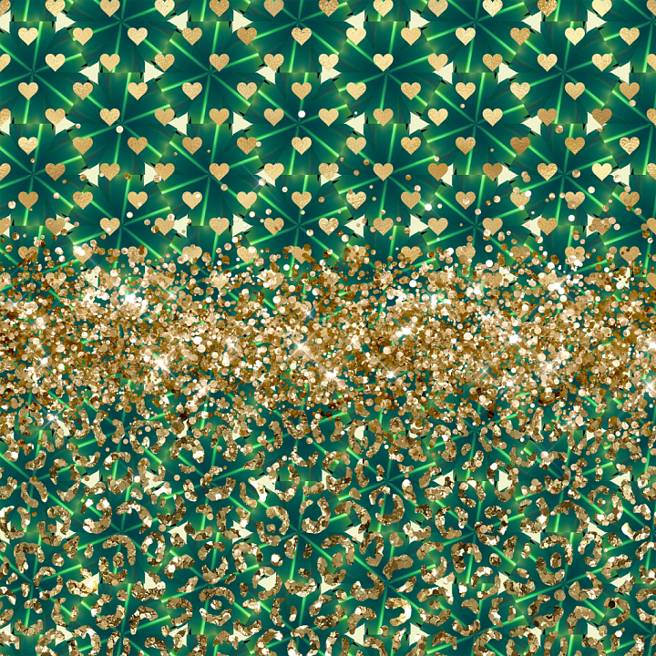 Fabric with Green Shamrock Pattern and Gold Glitter Accents seamless PBR texture preview