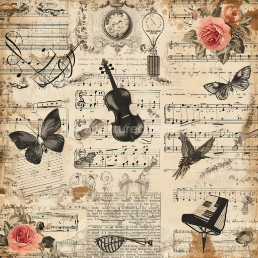 Seamless 3D PBR Vintage Paper Texture Featuring Musical Notes and Floral Illustrations