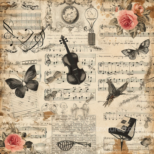 Vintage Paper Texture Featuring Musical Notes and Floral Illustrations seamless Vintage Scrapbook PBR texture