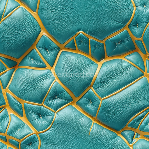 Seamless 3D cracked teal leather PBR texture with mustard yellow panel seams