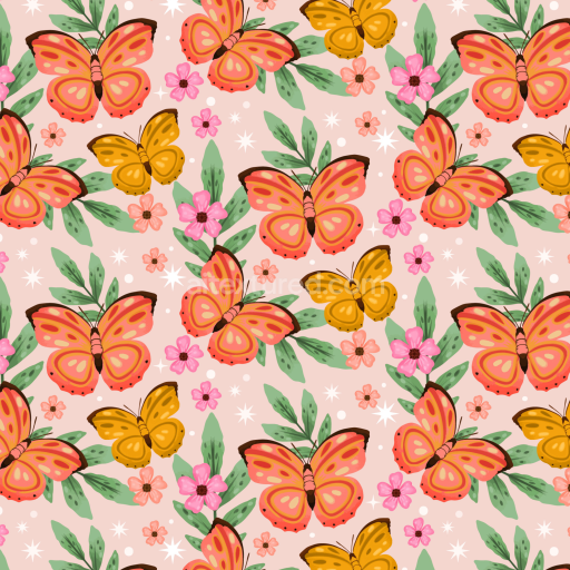 Seamless 3D PBR Watercolor Butterflies Pattern Texture with Floral Accents