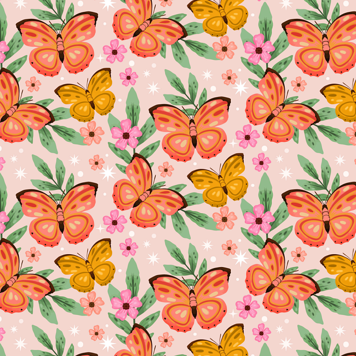 Watercolor Butterflies Pattern with Floral Accents seamless PBR texture preview
