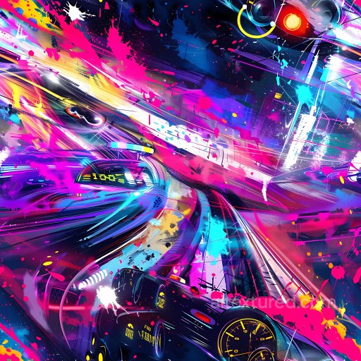 Seamless 3D PBR texture featuring vibrant neon graffiti splatters and dynamic street art… texture preview