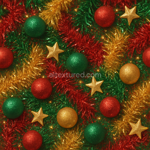 Seamless 3d texture pbr 8k festive glittering tinsel strands red gold green