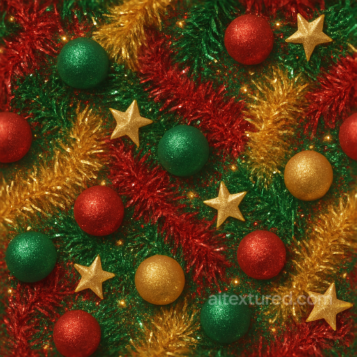 Festive Glittering Tinsel Strands Red Gold Green seamless New Year PBR texture