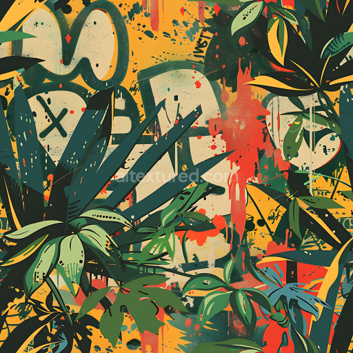 Seamless 3D Stylized Jungle Camouflage PBR Texture with Graphic Leaves and Graffiti