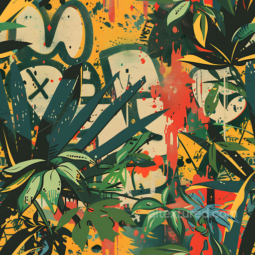 Stylized Jungle Camouflage PBR Texture with Graphic Leaves and Graffiti seamless Color Camouflage PBR texture