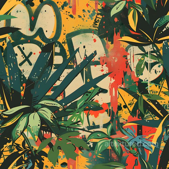 Stylized Jungle Camouflage PBR Texture with Graphic Leaves and Graffiti Color Camouflage texture preview