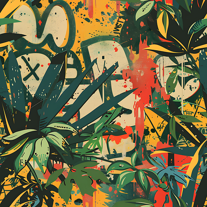 Stylized Jungle Camouflage with Graphic Leaves and Graffiti seamless PBR texture preview
