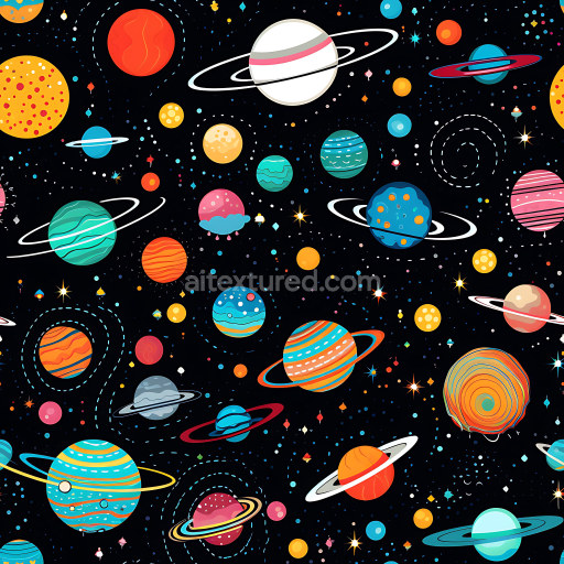 Seamless 3D Space PBR Texture Featuring Cartoon Planets and Starfield