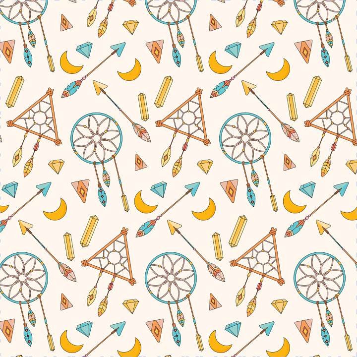 Boho Fabric with Dreamcatchers, Arrows, and Crystals seamless PBR texture preview