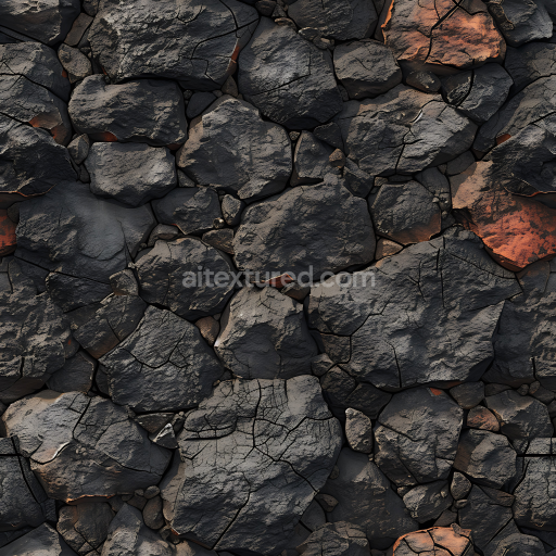 Seamless 3D Charred Volcanic Rock Ground PBR Texture with Cracked Surface and Dark Tones